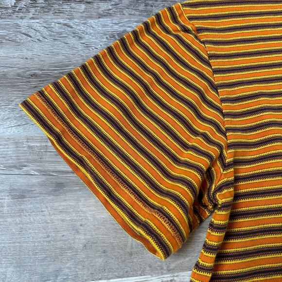BDG Striped Cotton Knit Tee Mustard Maroon Retro Crewneck T-Shirt Size S - Picture 2 of 9